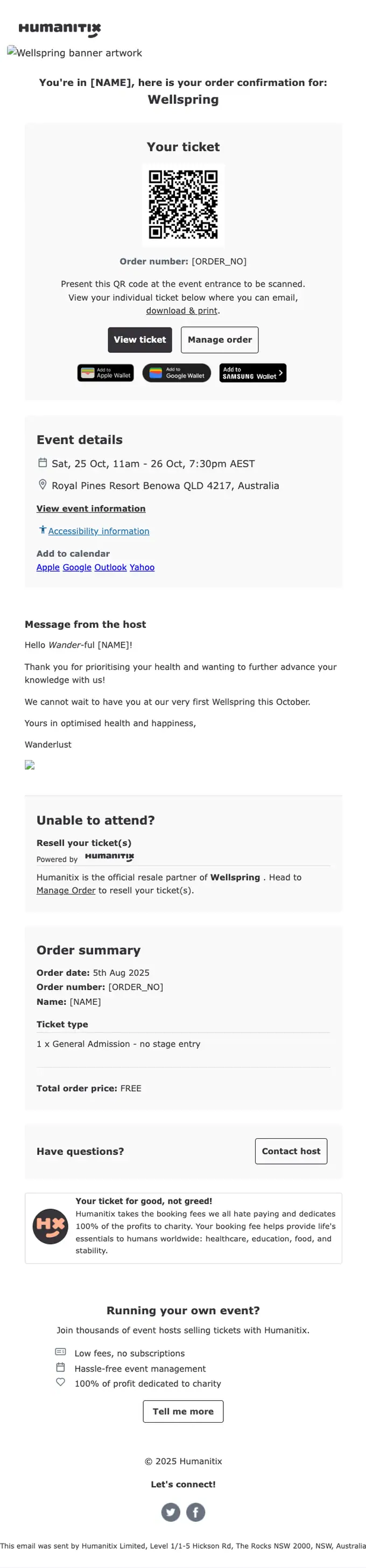 Humanitix order confirmation email, full length