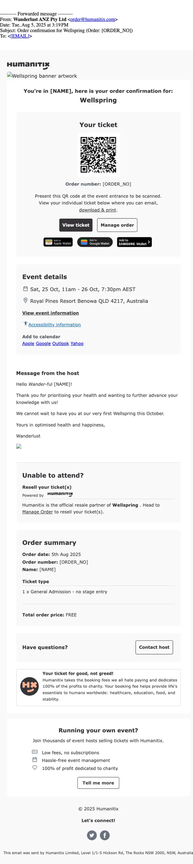 Humanitix order confirmation email, full length