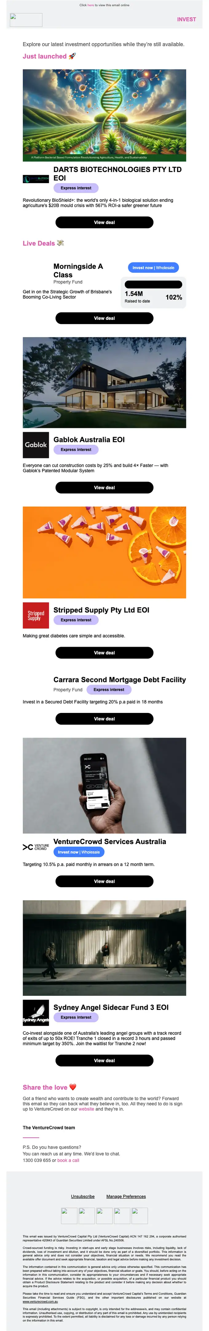 VentureCrowd promotional email, full length