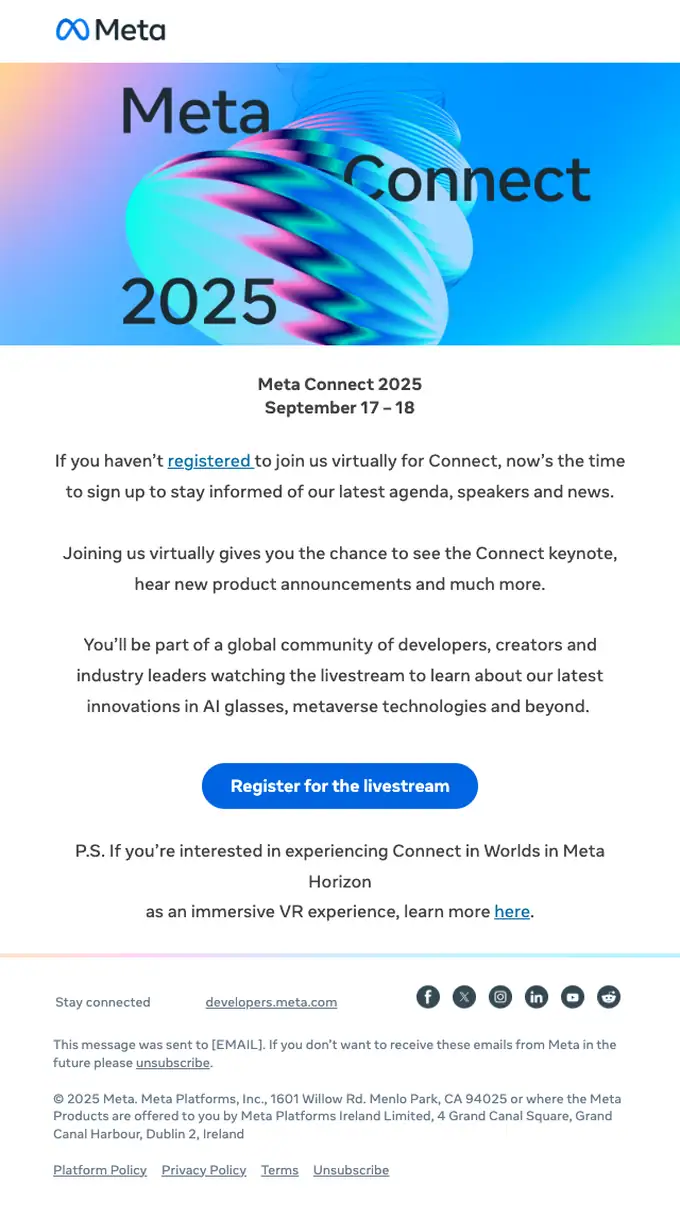 Meta for Developers event invite email, full length