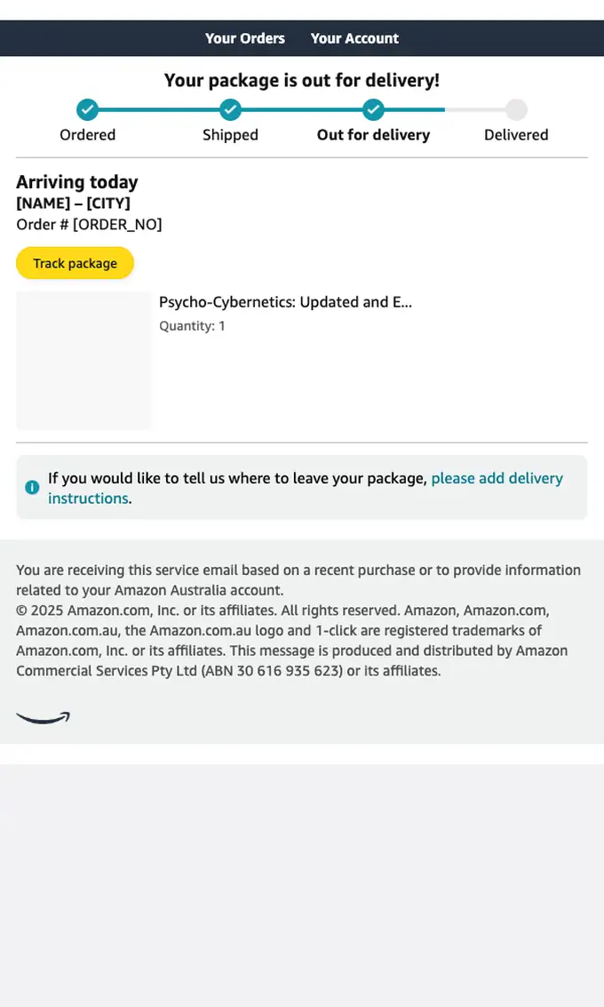 Amazon.com.au delivery email, full length
