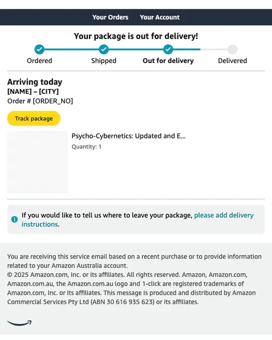 Amazon.com.au delivery email