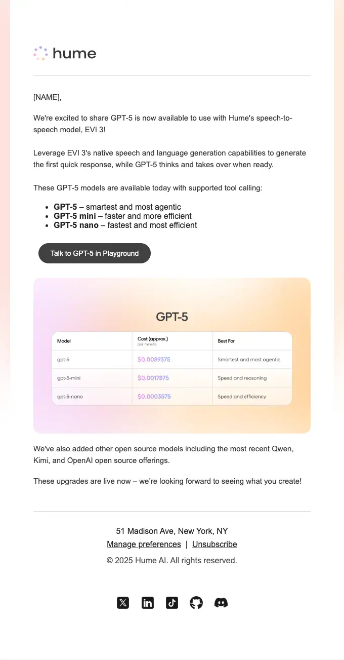 Hume product launch email, full length