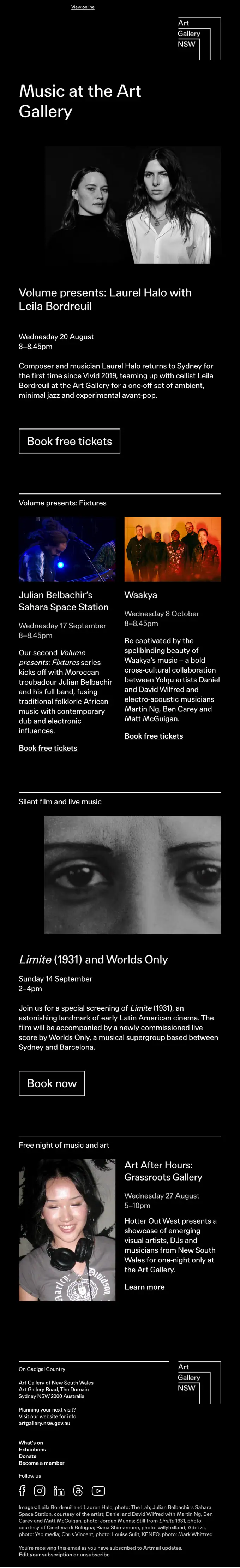 Art Gallery of NSW newsletter email, full length