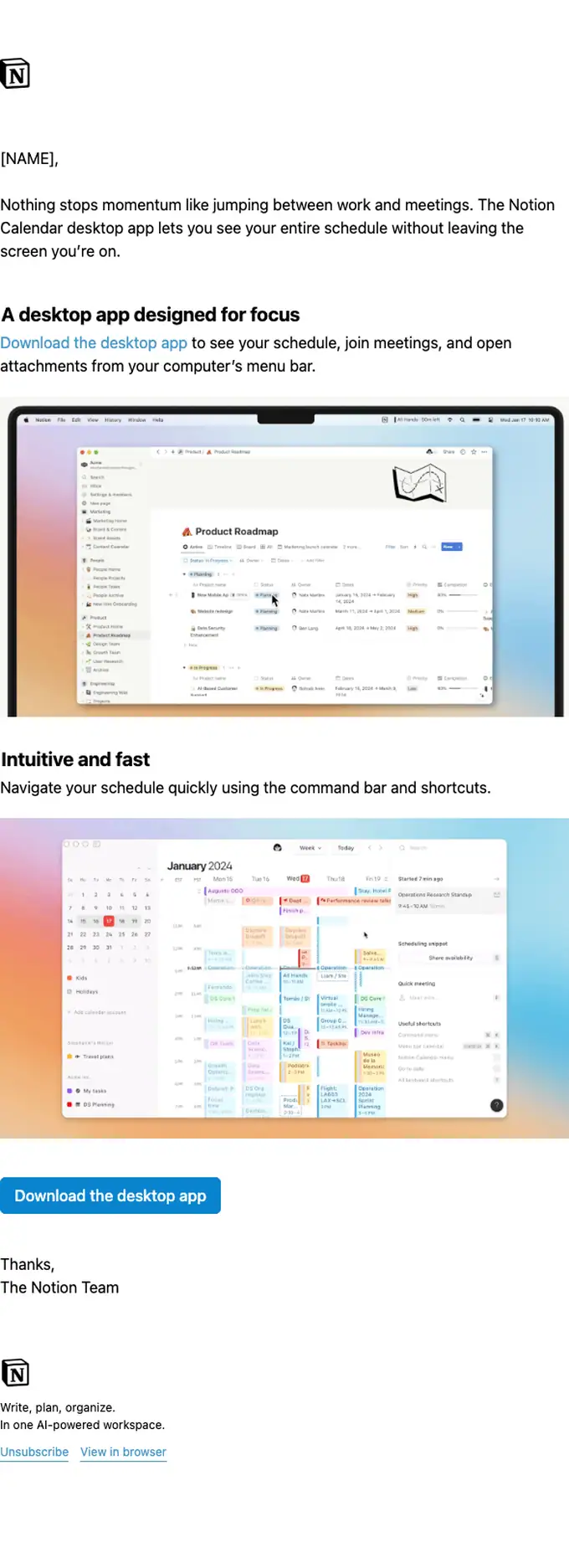 Notion Calendar product launch email, full length