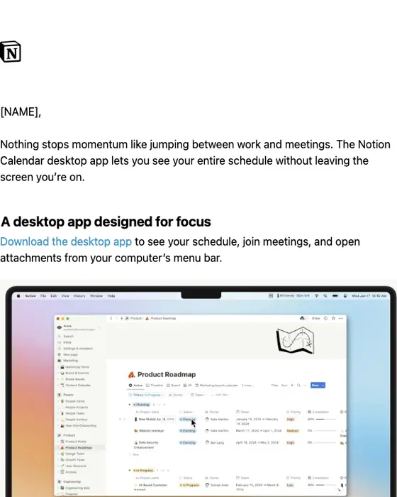 Notion Calendar product launch email