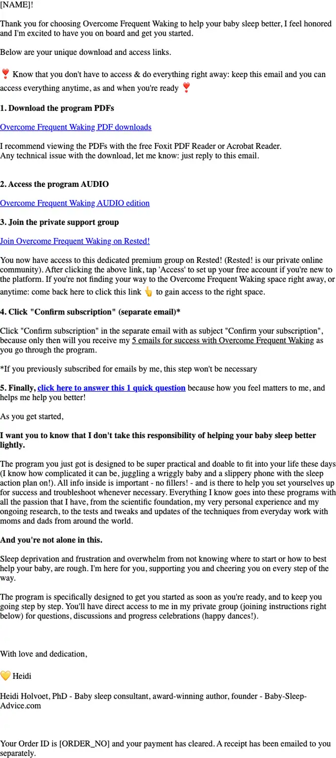 Baby-Sleep-Advice.com order confirmation email, full length