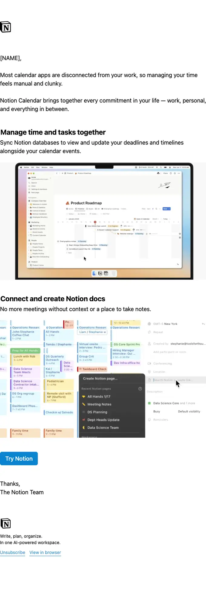Notion Calendar product launch email, full length