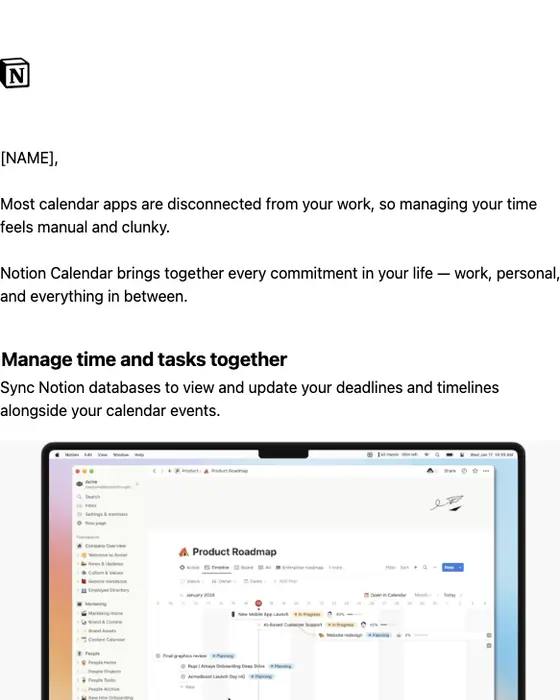 Notion Calendar product launch email