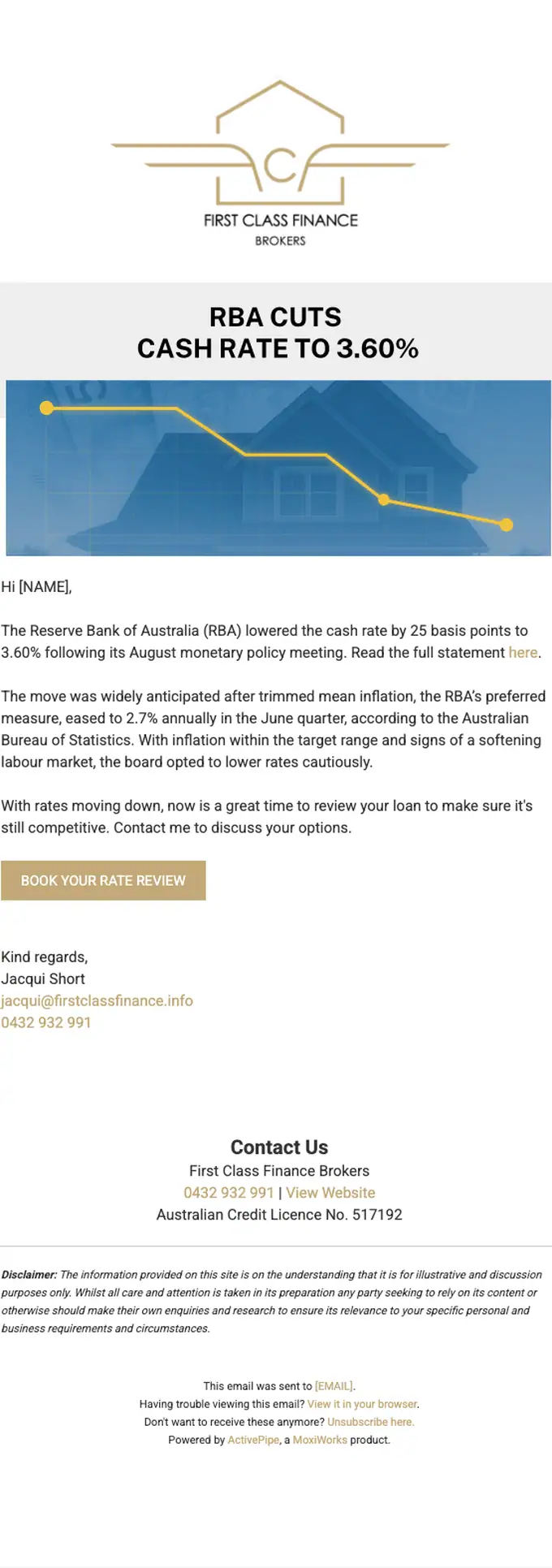 First Class Finance Brokers account notice email, full length