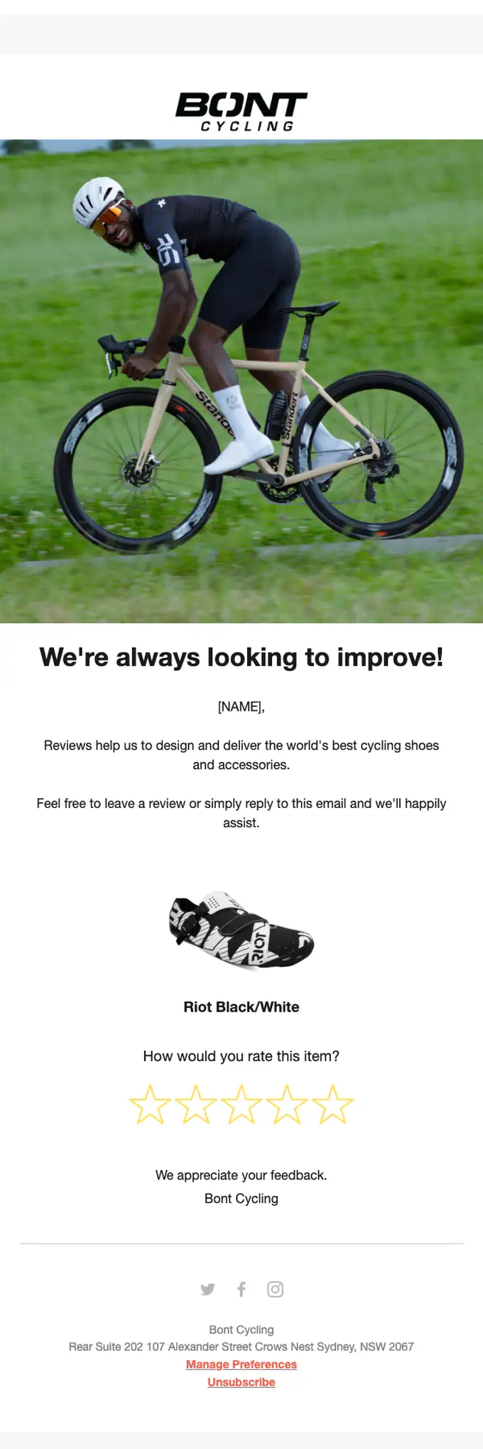 Bont Cycling survey email, full length