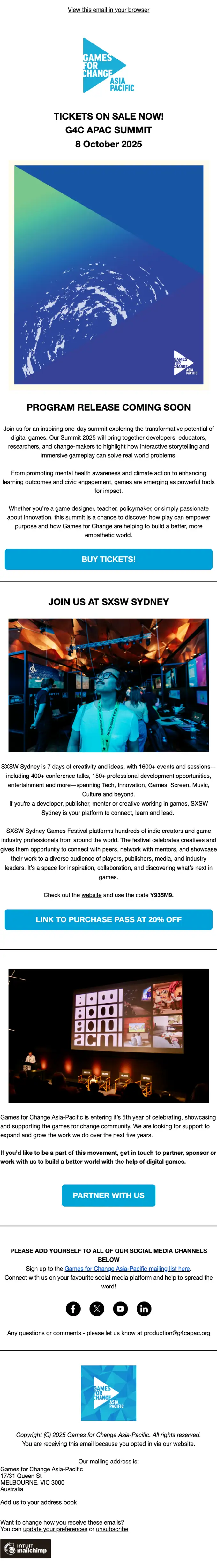 Games for Change Asia-Pacific event invite email, full length