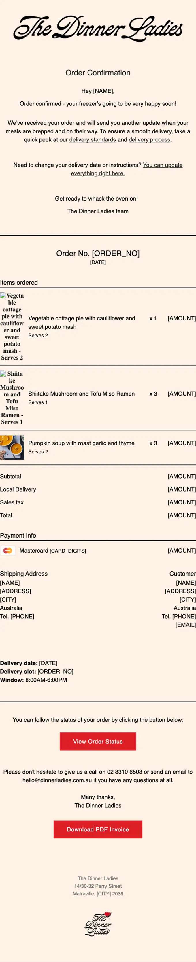 The Dinner Ladies order confirmation email, full length