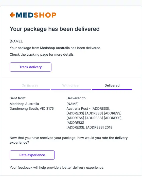 Medshop Australia delivery email