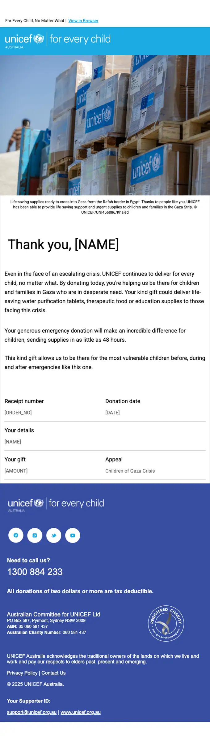UNICEF Australia receipt email, full length