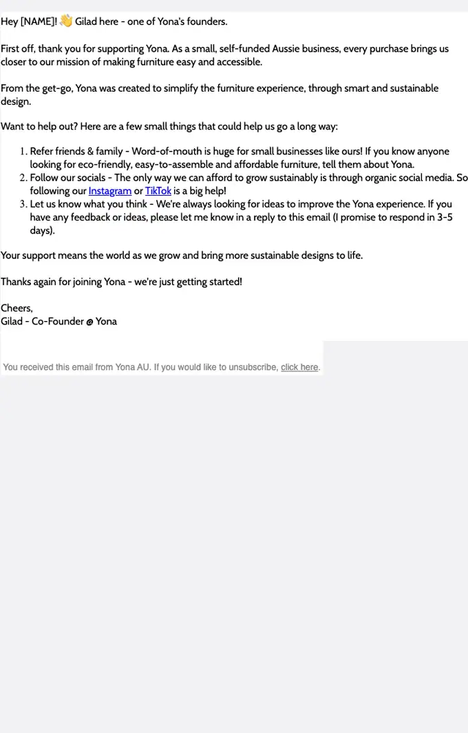 Yona thank you email, full length