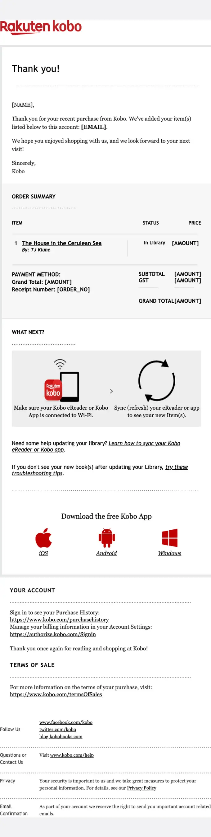 Kobo receipt email, full length