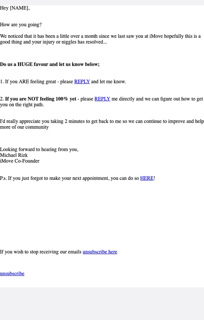 iMovePhysio re engagement email, full length