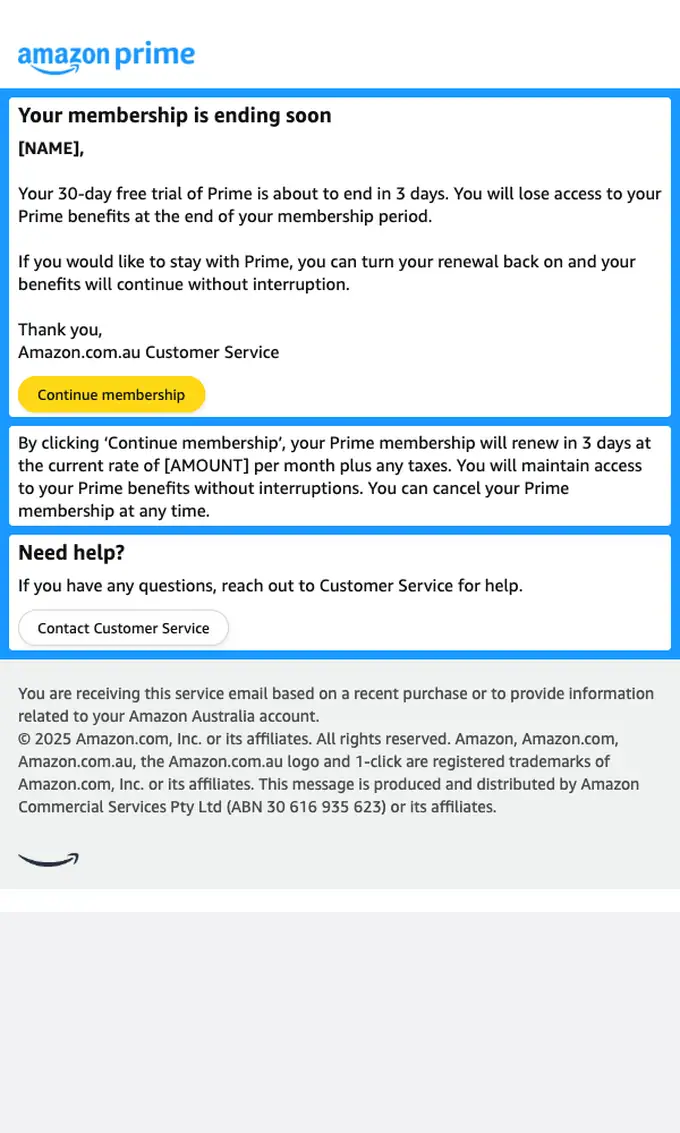 Amazon Prime expiration notice email, full length