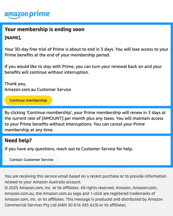 Amazon Prime expiration notice email