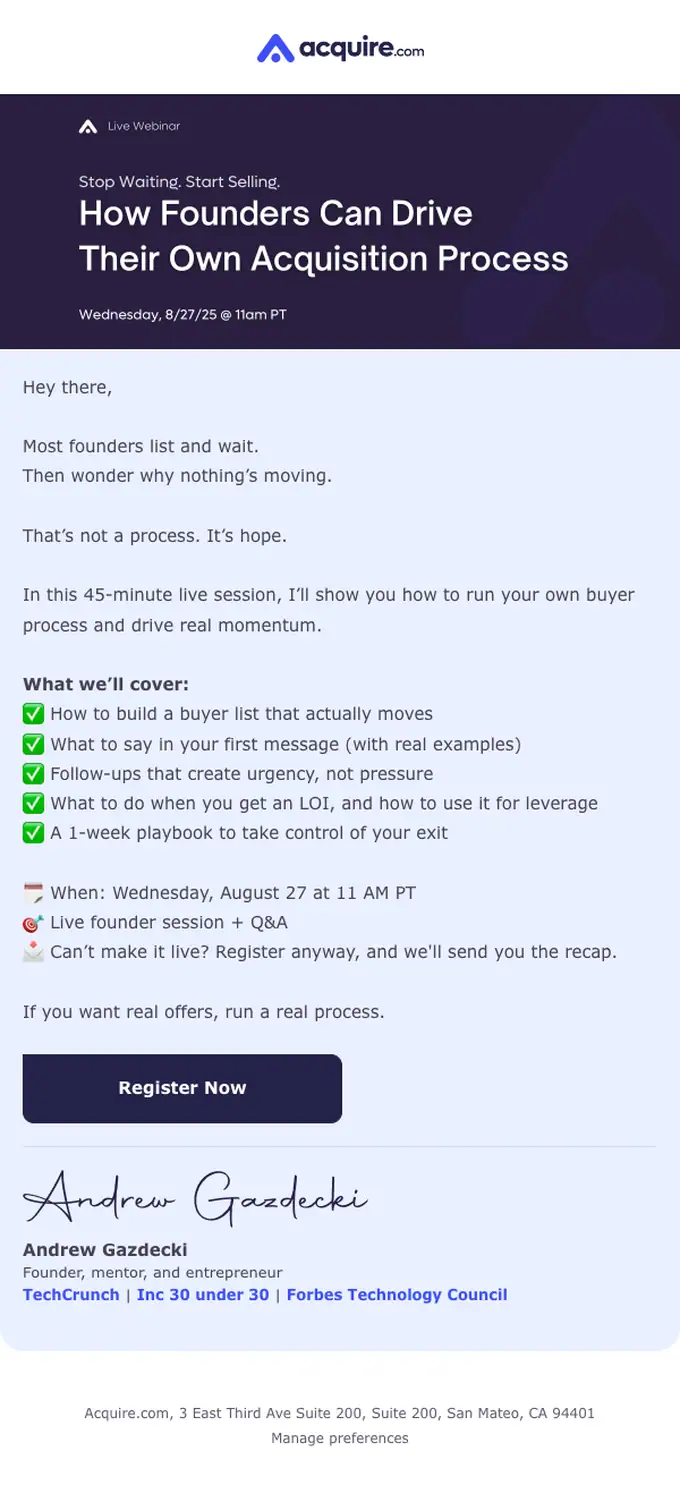 Acquire.com webinar email, full length