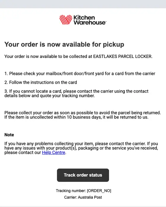 Kitchen Warehouse Order Tracking tracking email
