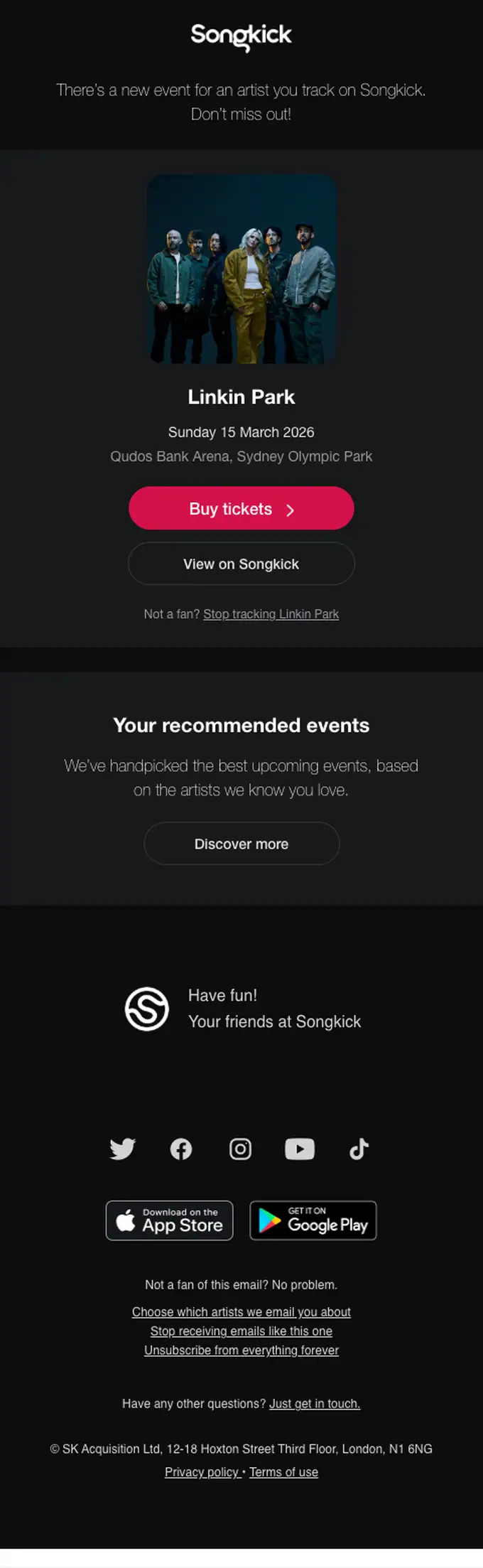 Songkick event invite email, full length