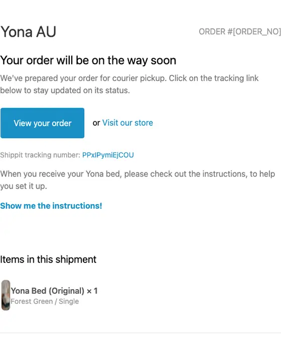 Yona AU shipping email