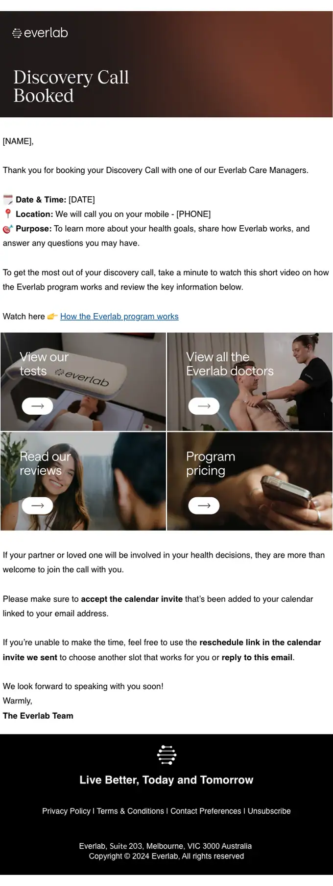 Everlab booking confirmation email, full length