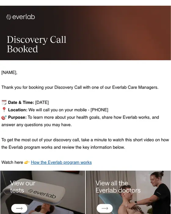 Everlab booking confirmation email