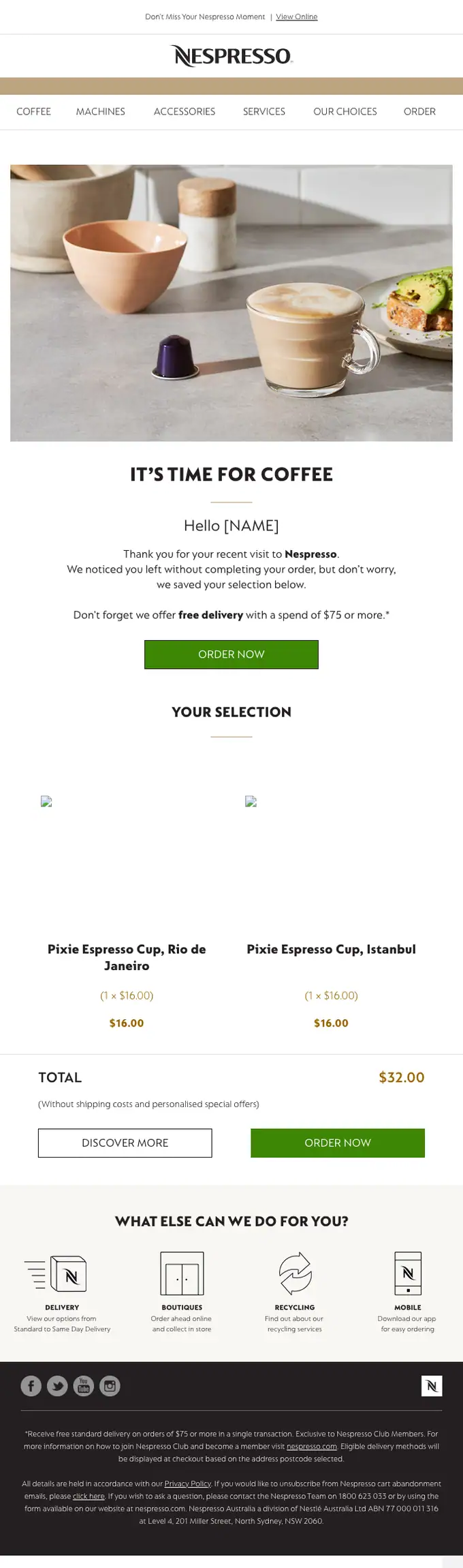 Nespresso abandoned cart email, full length