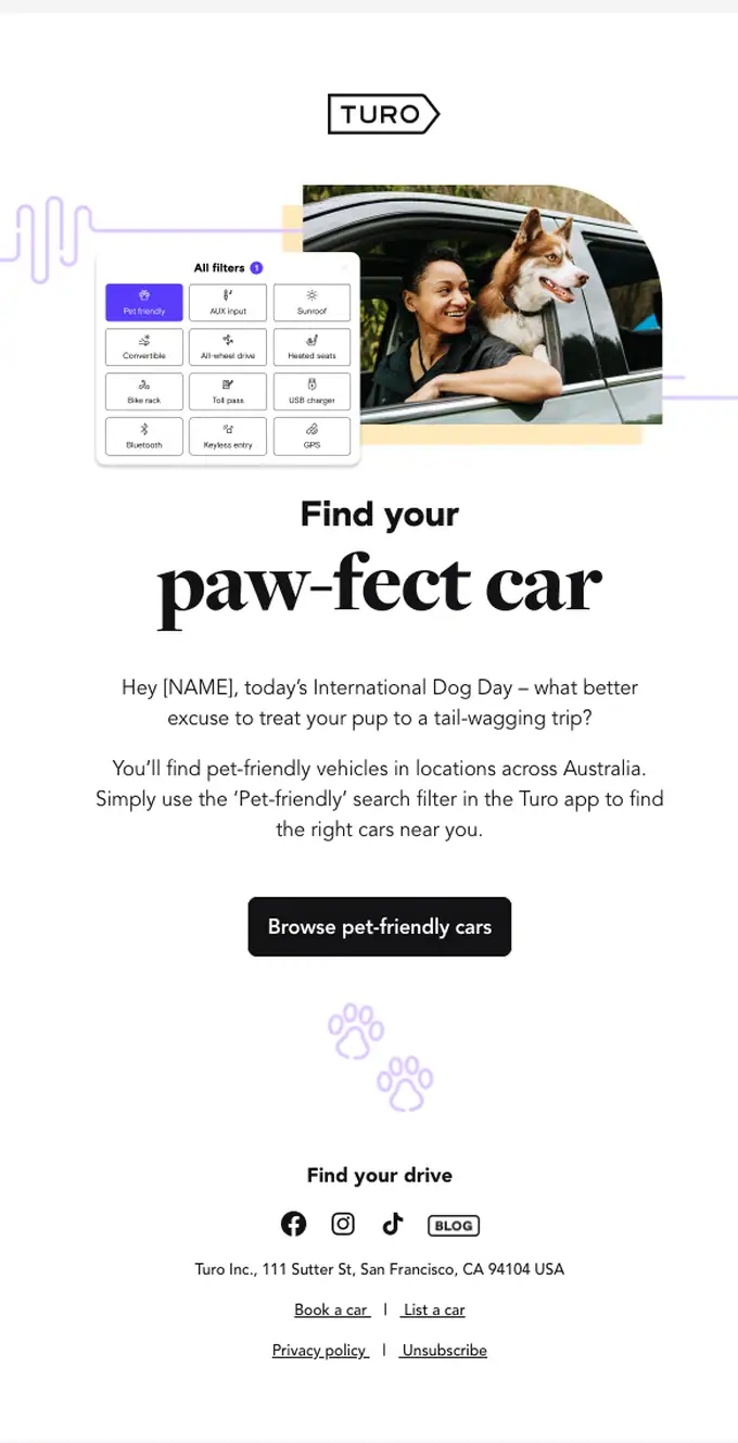 Turo promotional email, full length