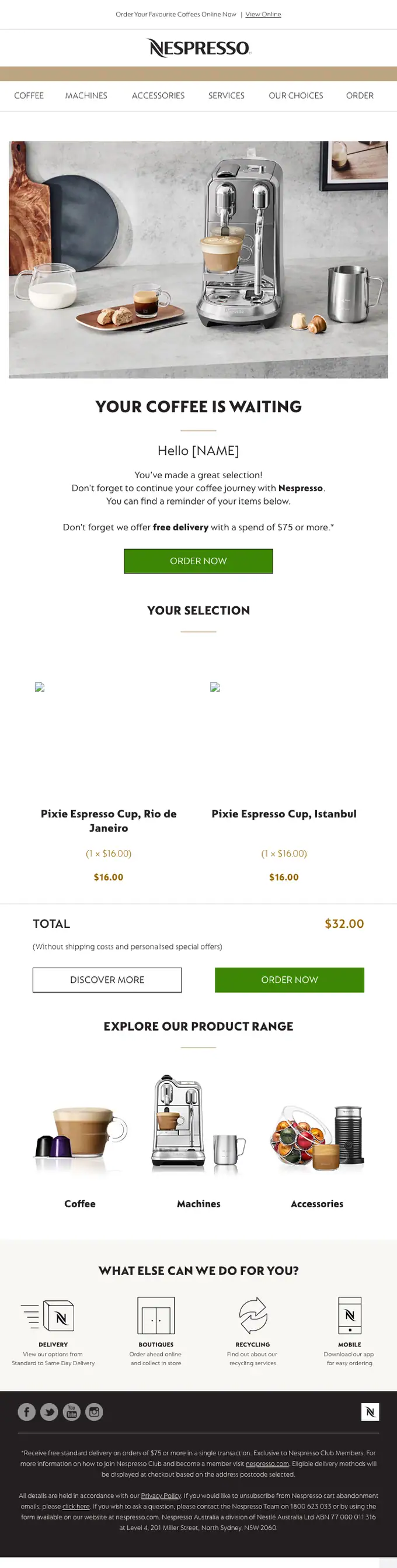 Nespresso abandoned cart email, full length