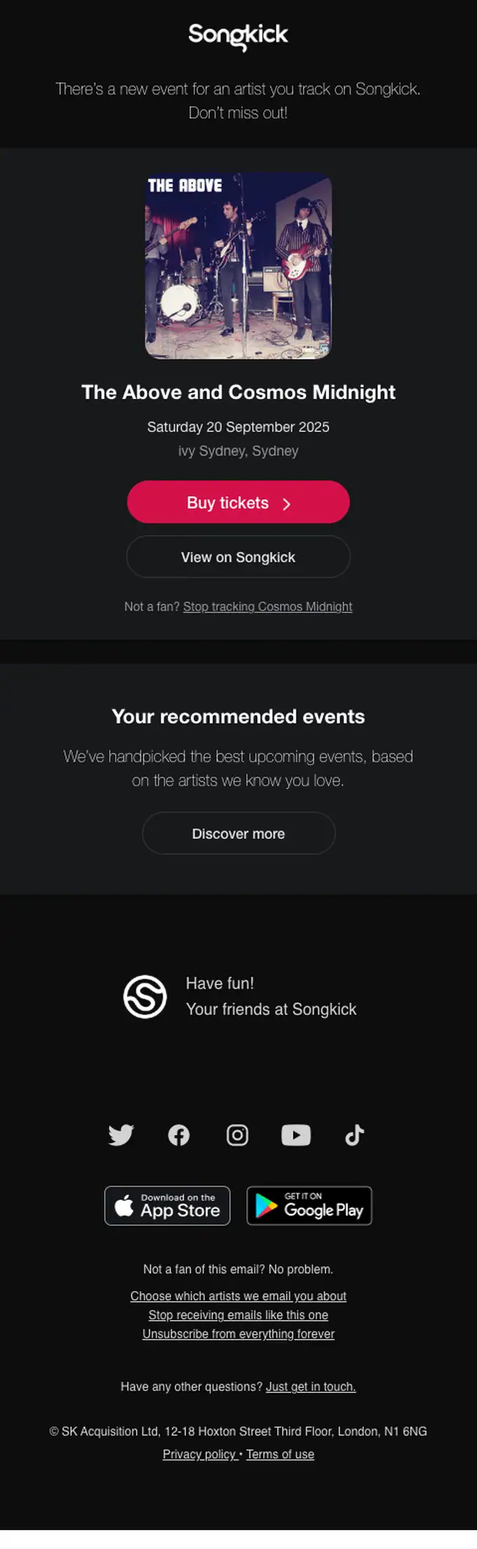 Songkick event invite email, full length