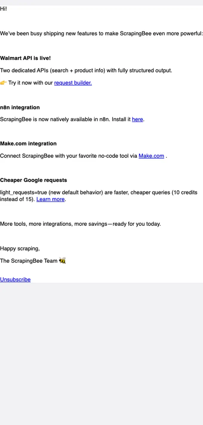 ScrapingBee product launch email, full length
