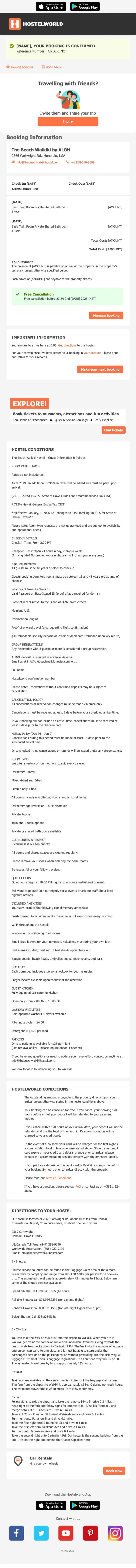 Hostelworld booking confirmation email, full length