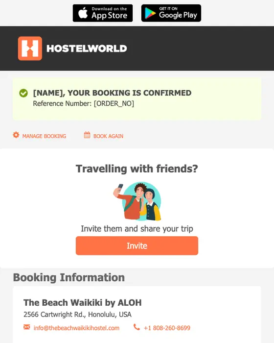 Hostelworld booking confirmation email