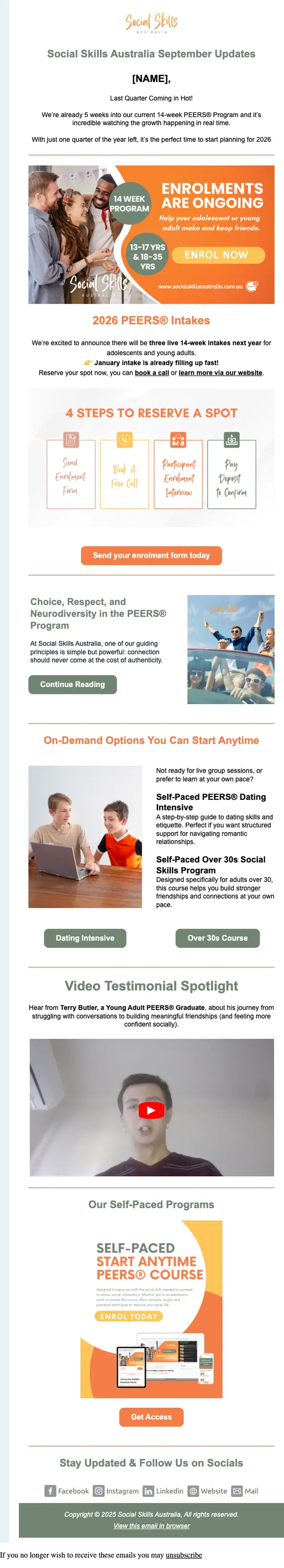 Social Skills Australia newsletter email, full length