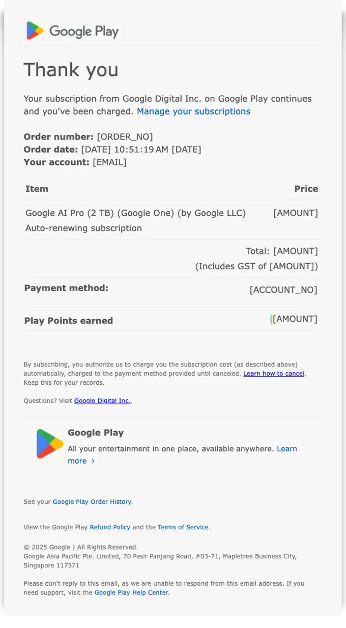Google Play receipt email, full length