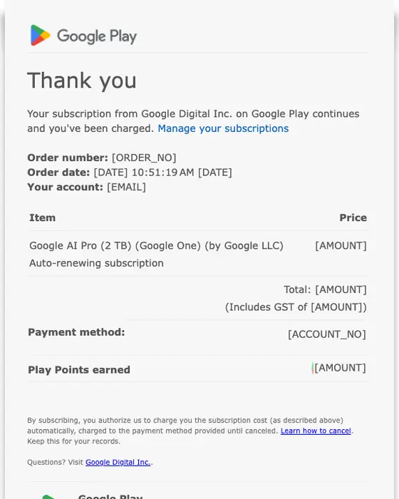 Google Play receipt email