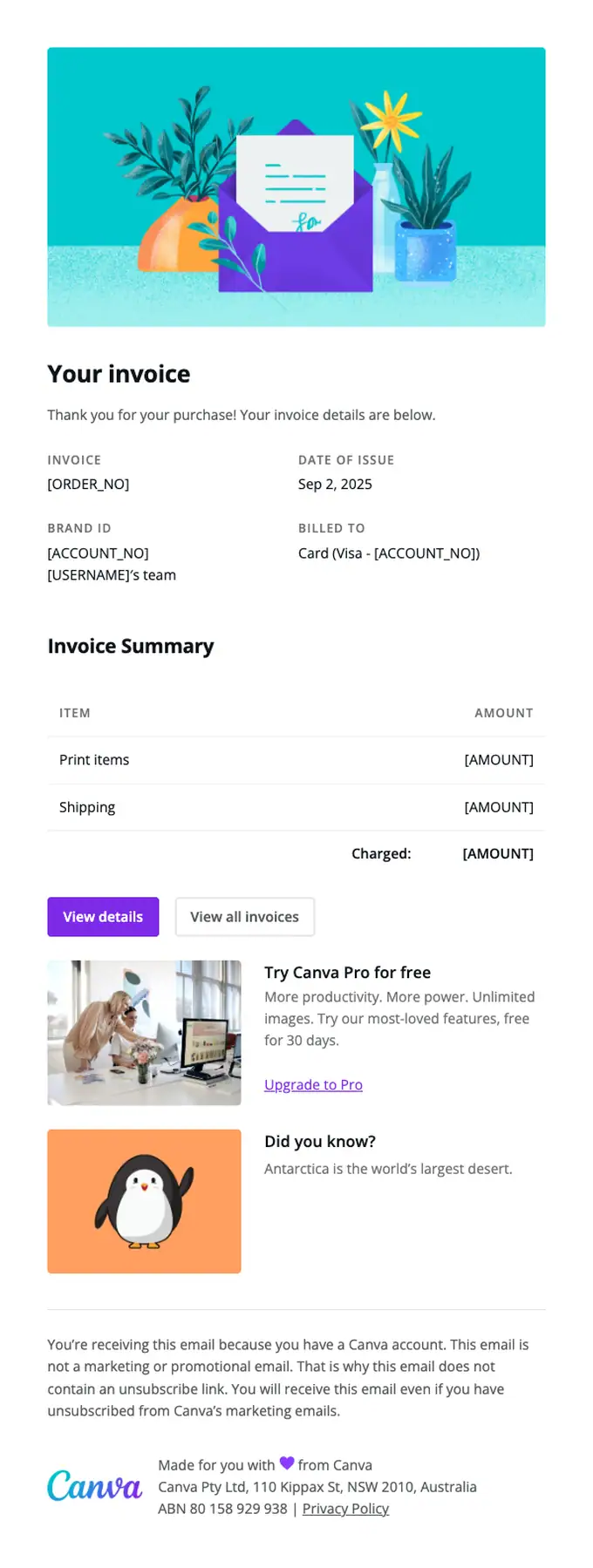 Canva invoice email, full length