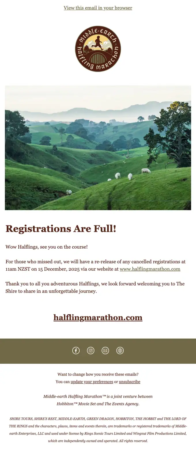 Halfling Marathon Team account notice email, full length