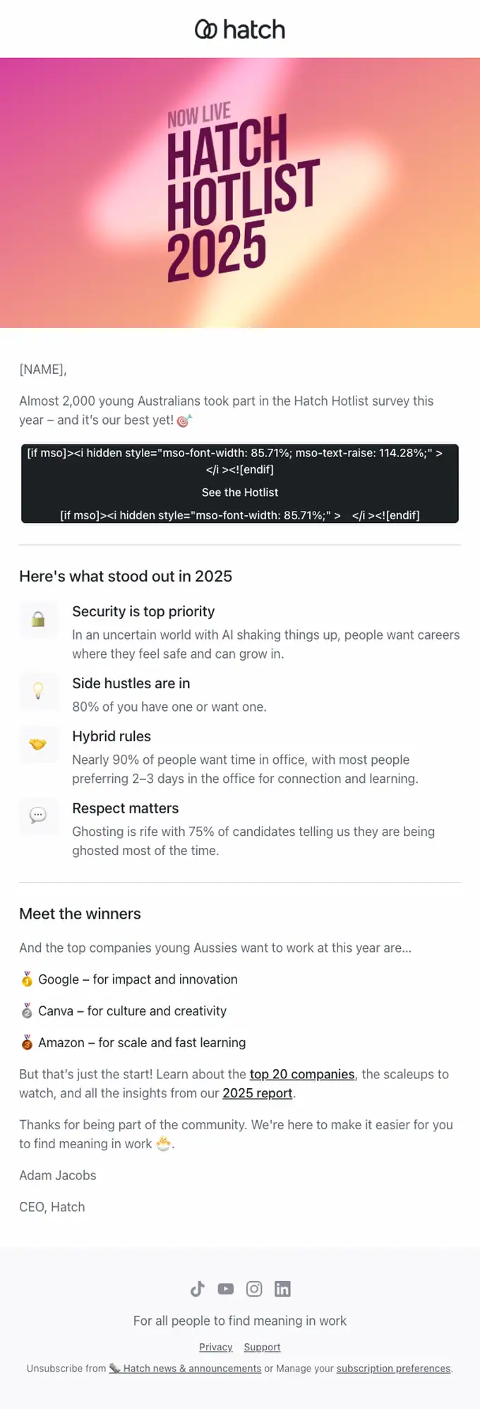Hatch newsletter email, full length