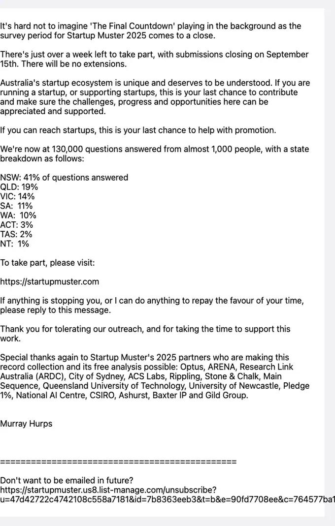 Startup Muster re engagement email, full length