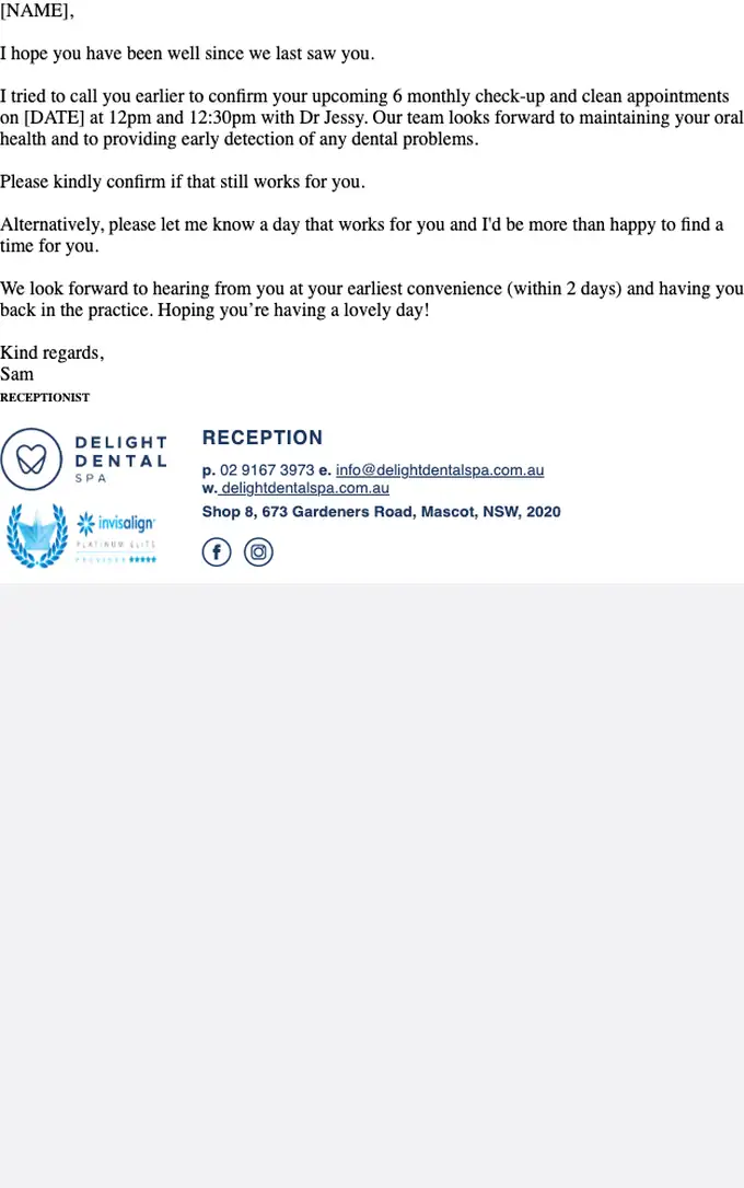 Delight Dental Spa appointment email, full length
