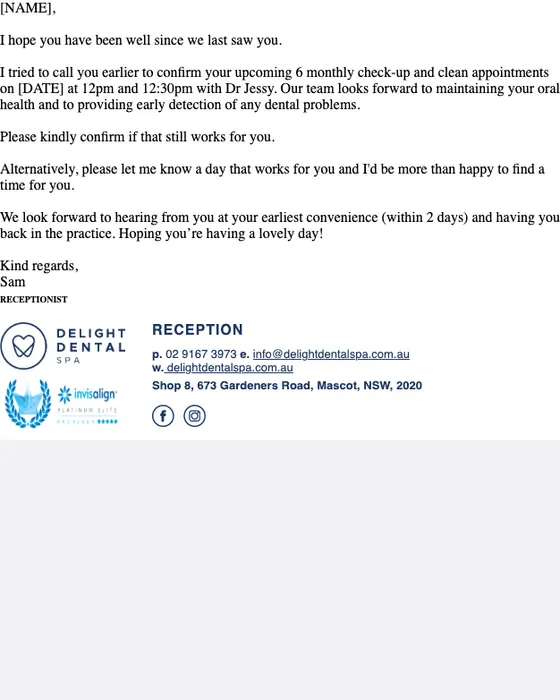Delight Dental Spa appointment email