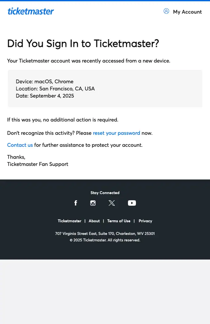 Ticketmaster security alert email, full length