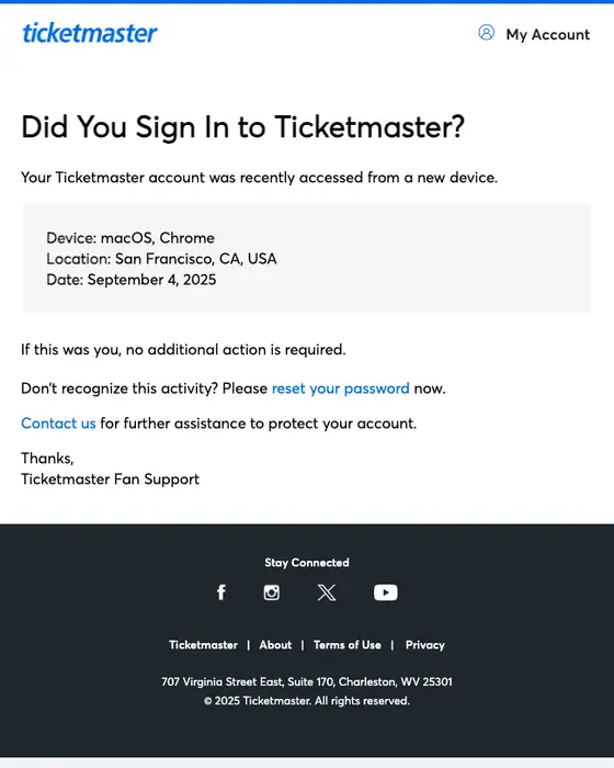 Ticketmaster security alert email