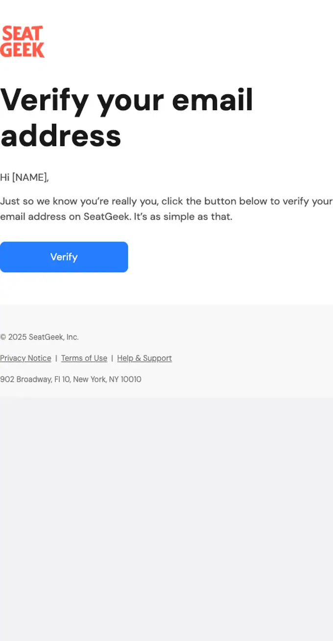 SeatGeek email verification email, full length