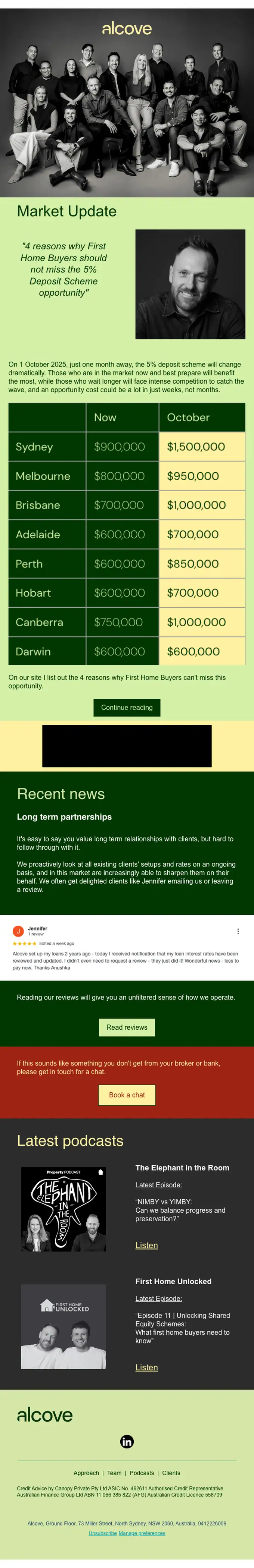 Alcove newsletter email, full length